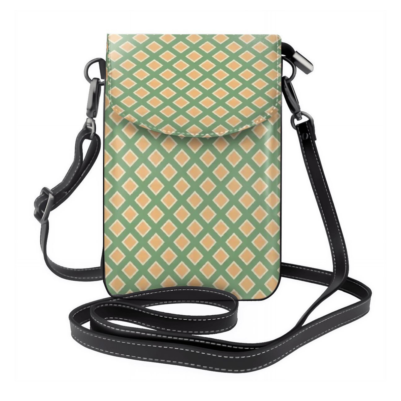 Small crossbody bag with green and orange geometric pattern on a white background