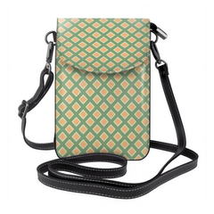 Small crossbody bag with green and orange geometric pattern on a white background