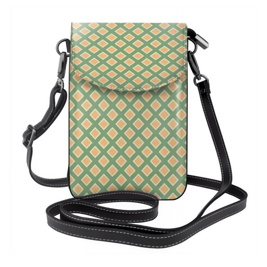 Small crossbody bag with green and orange geometric pattern on a white background