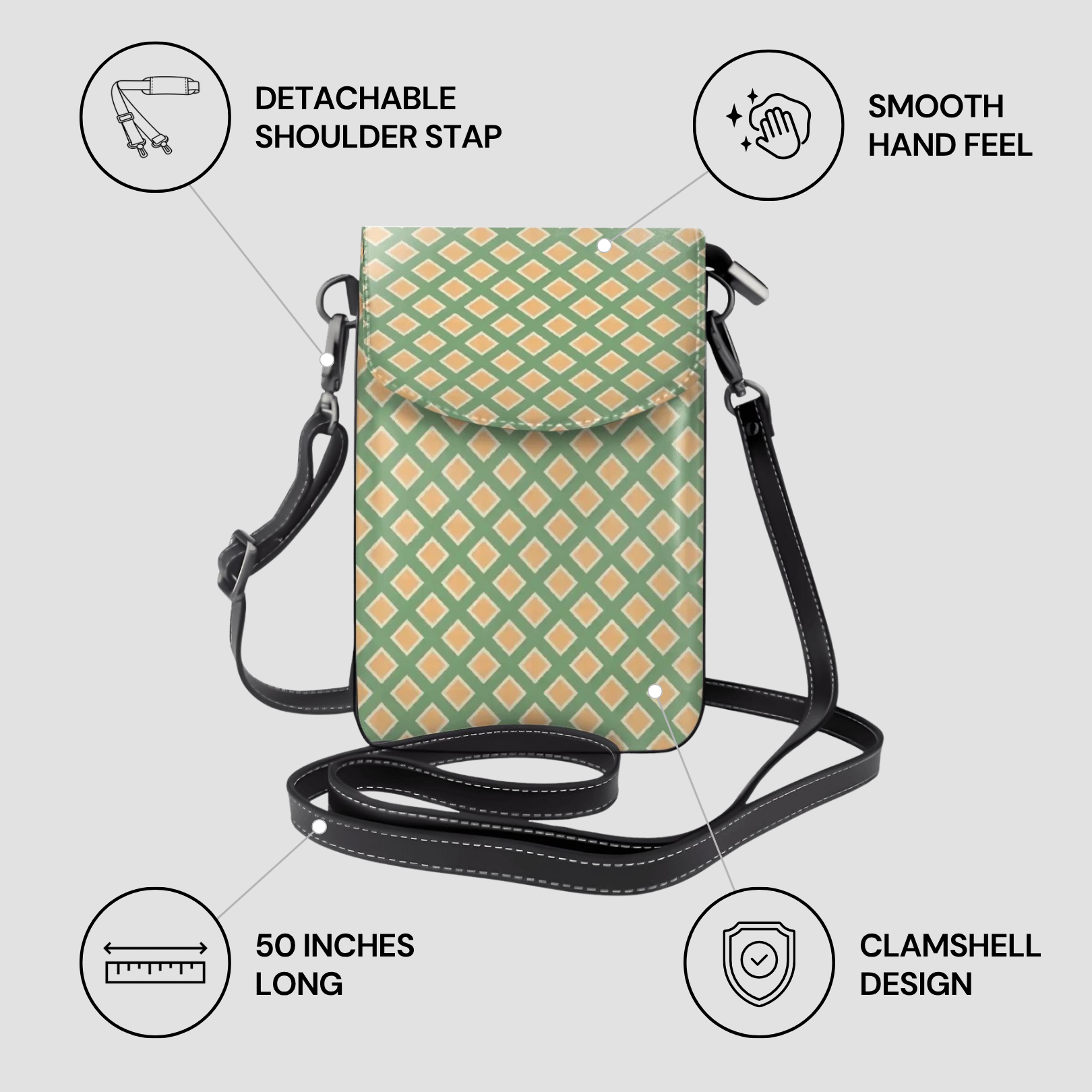 Green patterned crossbody bag with features highlighted on a light gray background
