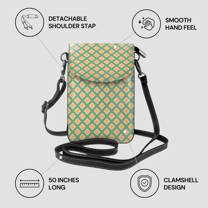 Green patterned crossbody bag with features highlighted on a light gray background