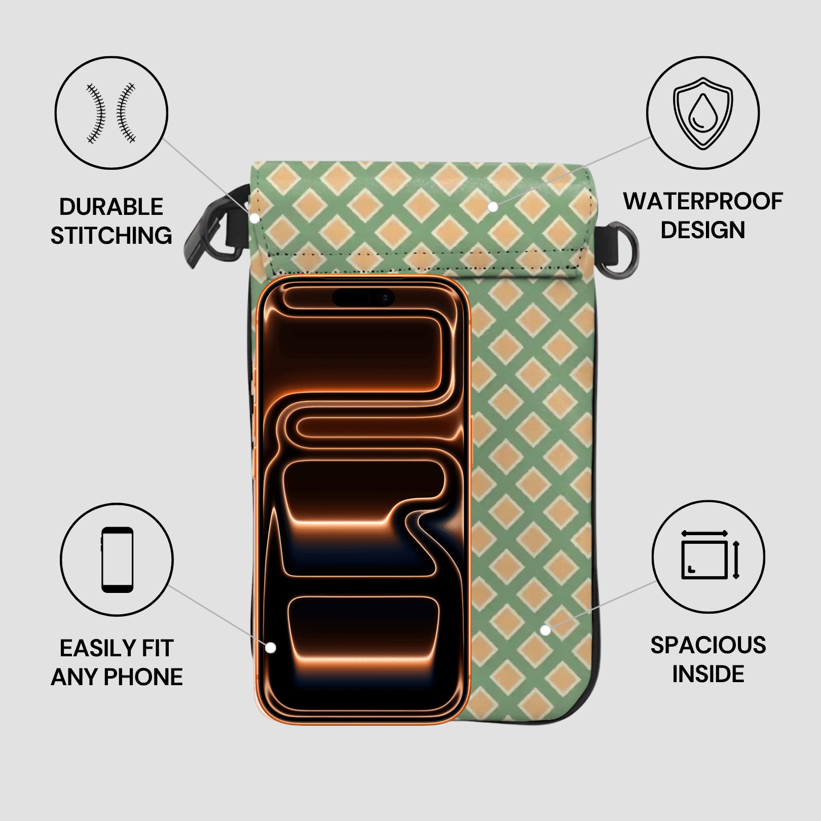 Green patterned phone case with features highlighted on a light gray background