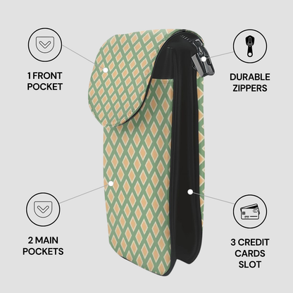 Purple pouch with banana pattern and features listed on a gray background