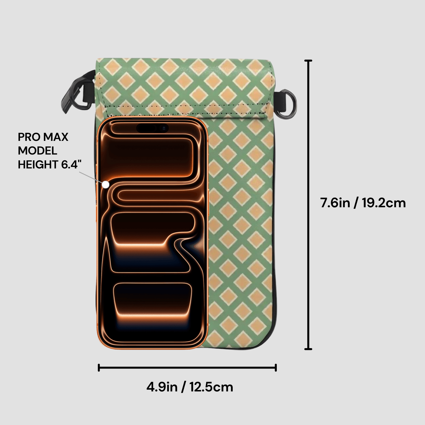 Patterned pouch with dimensions and smartphone model information on a gray background