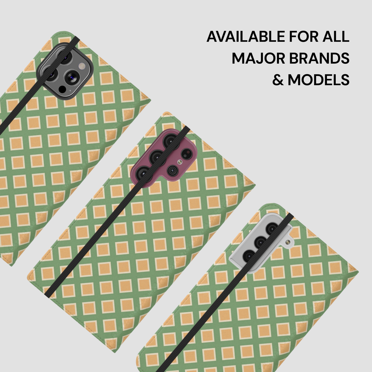 Green and orange checkered phone case with text 'Available for all major brands & models' on a white background