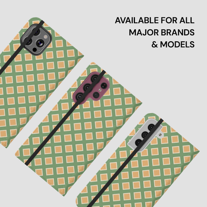 Green and orange checkered phone case with text 'Available for all major brands & models' on a white background