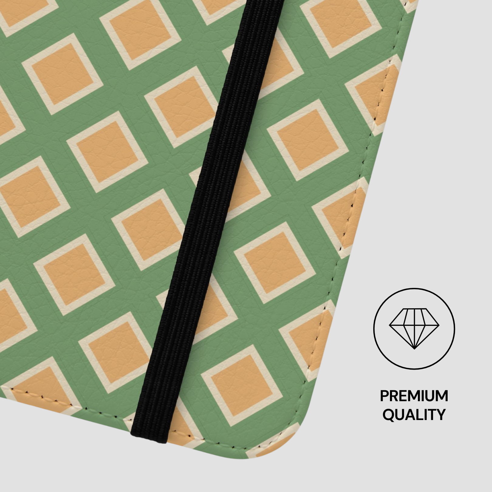 Product with green and beige geometric pattern and black strap, featuring a 'Premium Quality' label.