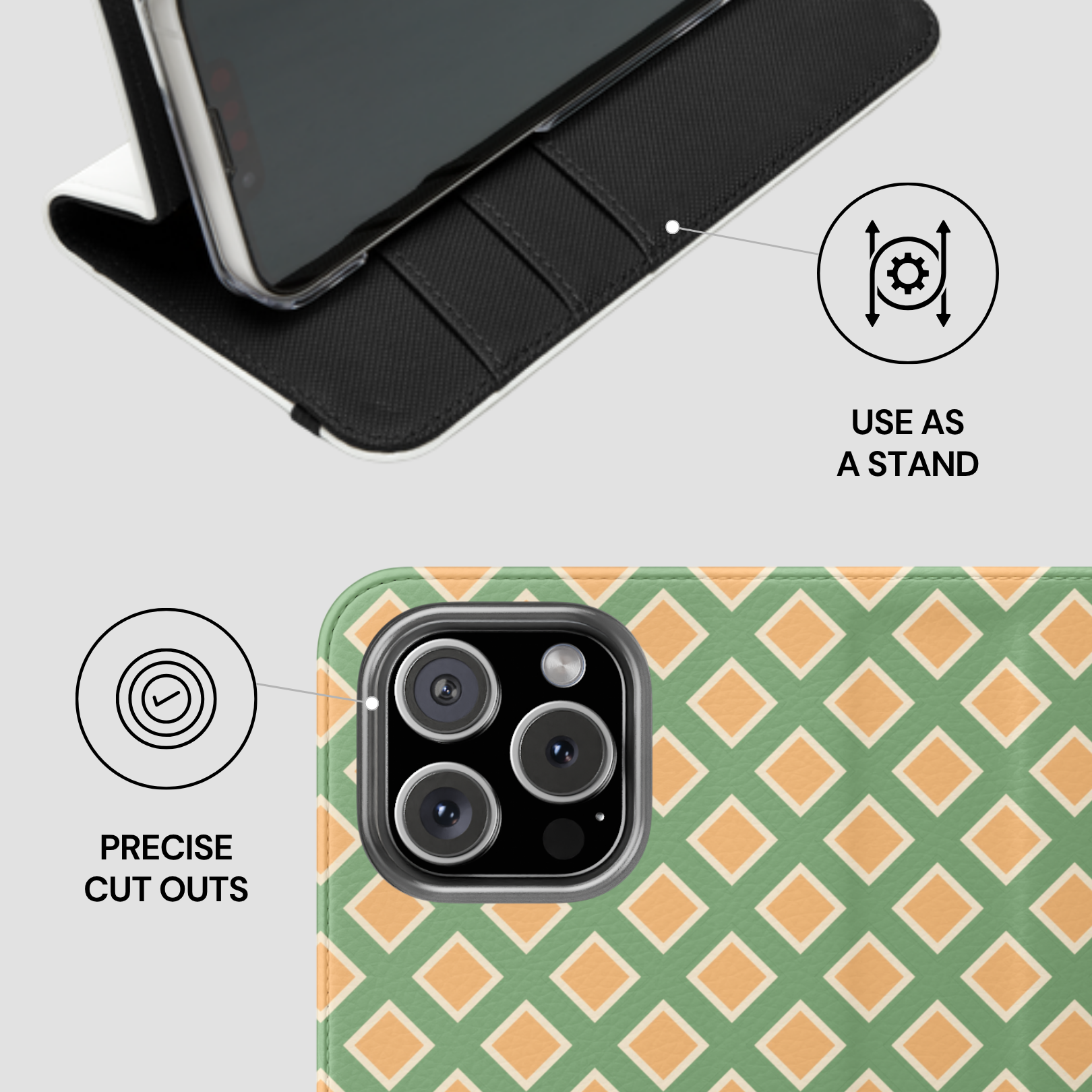 Phone case with geometric pattern and phone stand feature on a light gray background