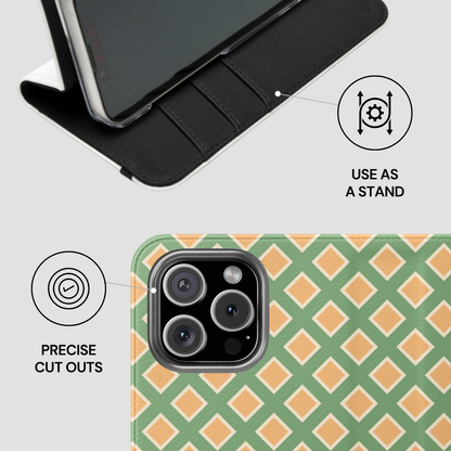 Phone case with geometric pattern and phone stand feature on a light gray background