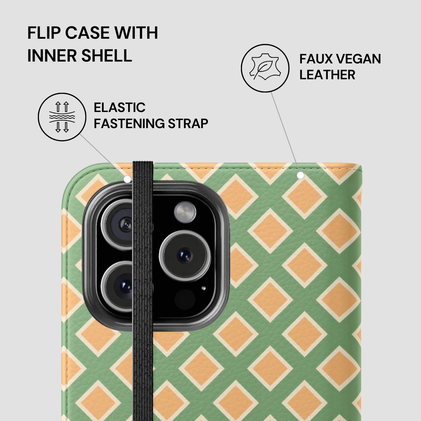Flip case with inner shell featuring a green and beige pattern on a light gray background