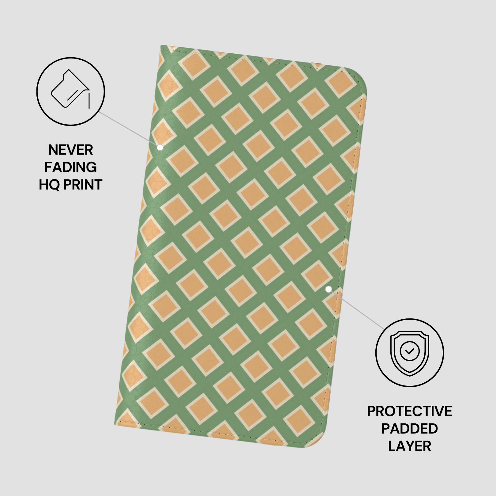 Green and beige patterned product with protective padding features on a light gray background