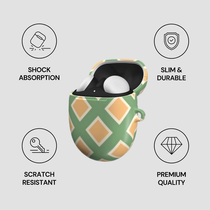 Green and brown patterned case with white sphere inside, featuring icons and text on a light gray background.