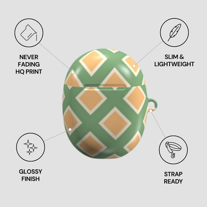 Green and orange patterned case with features listed on a light gray background