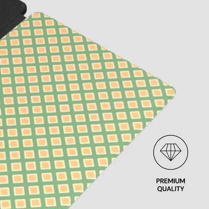 Green and orange checkered pattern with a diamond quality icon and text on a light gray background