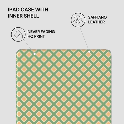 IPAD CASE WITH INNER SHELL featuring saffiano leather and geometric pattern on a gray background