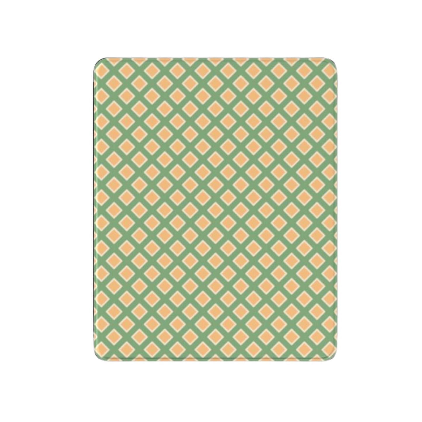 Patterned green and orange rug on a white background