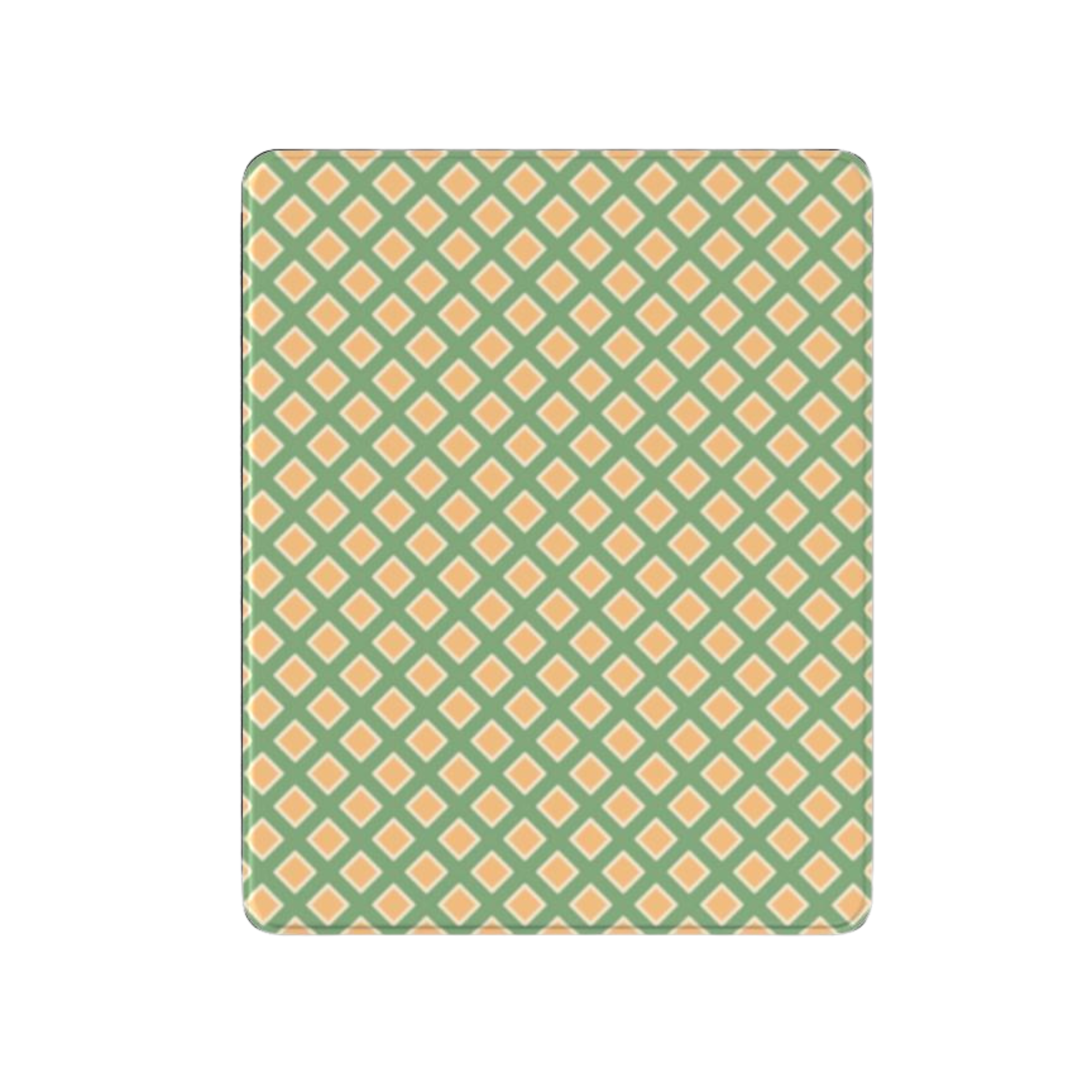 Patterned green and orange rug on a white background