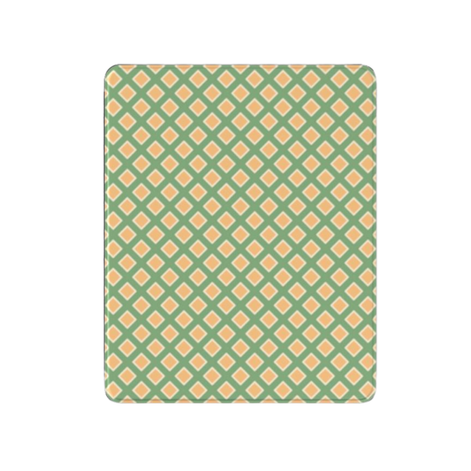 Patterned green and orange rug on a white background