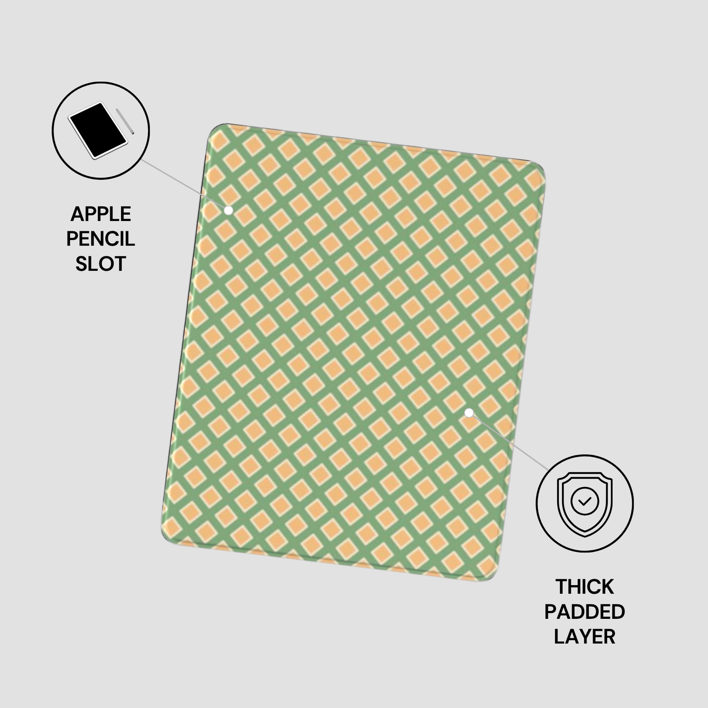 Green and orange patterned case with Apple Pencil slot and thick padded layer on a light gray background