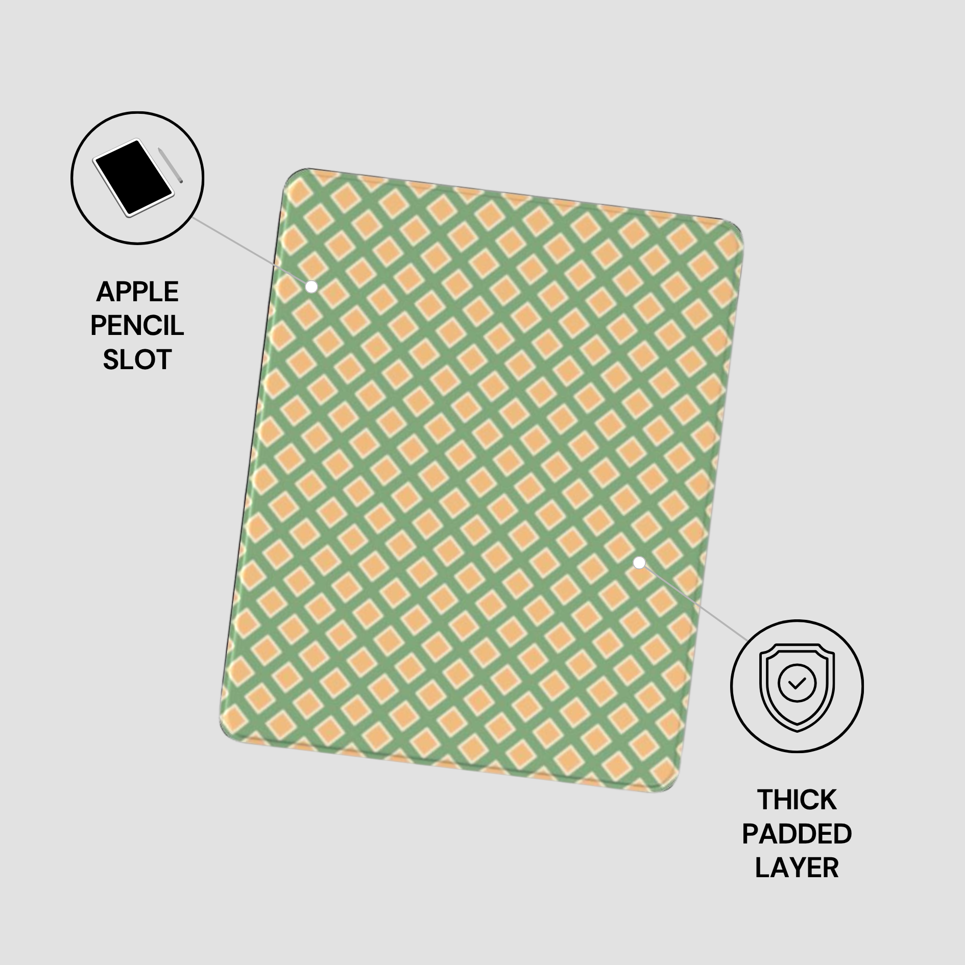 Green and orange patterned case with Apple Pencil slot and thick padded layer on a light gray background