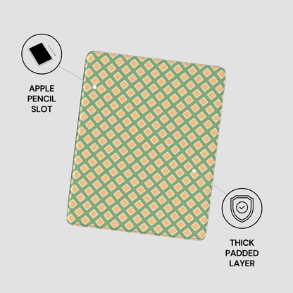 Green and orange patterned case with Apple Pencil slot and thick padded layer on a light gray background