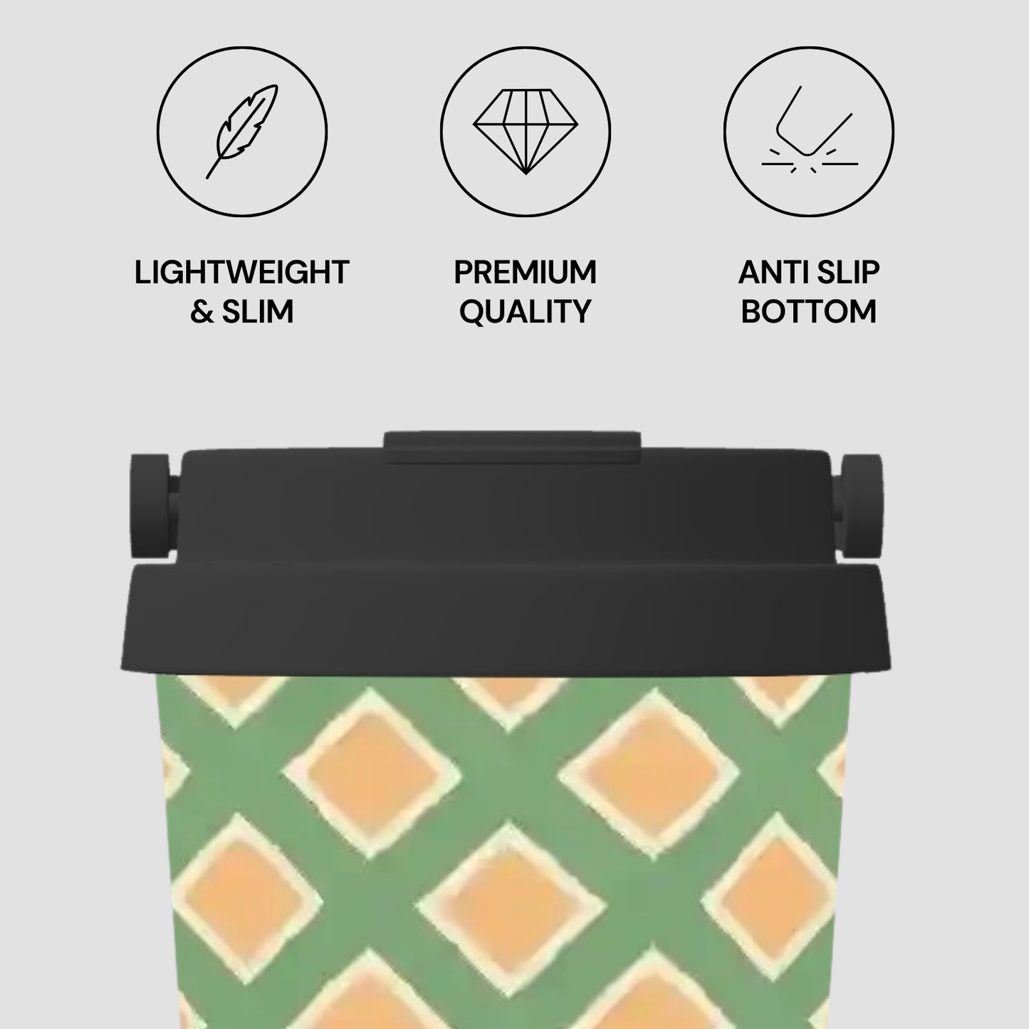Green and orange geometric patterned container with black lid on a light gray background, featuring icons and text about product features.