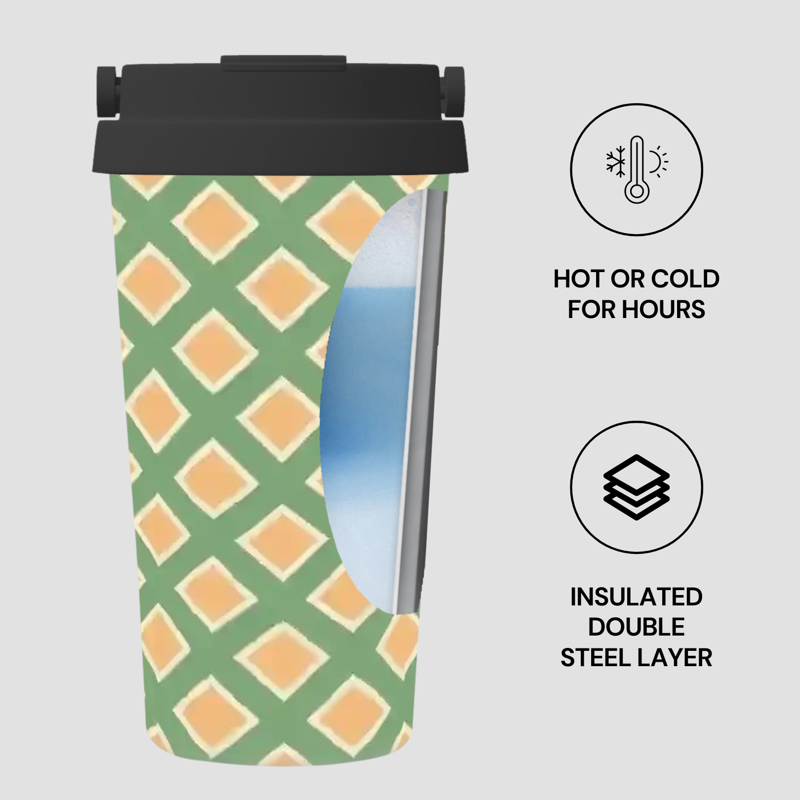Insulated tumbler with geometric pattern on a light gray background