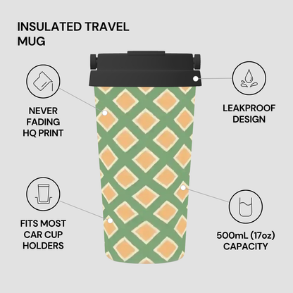 Insulated travel mug with green and orange pattern on a gray background