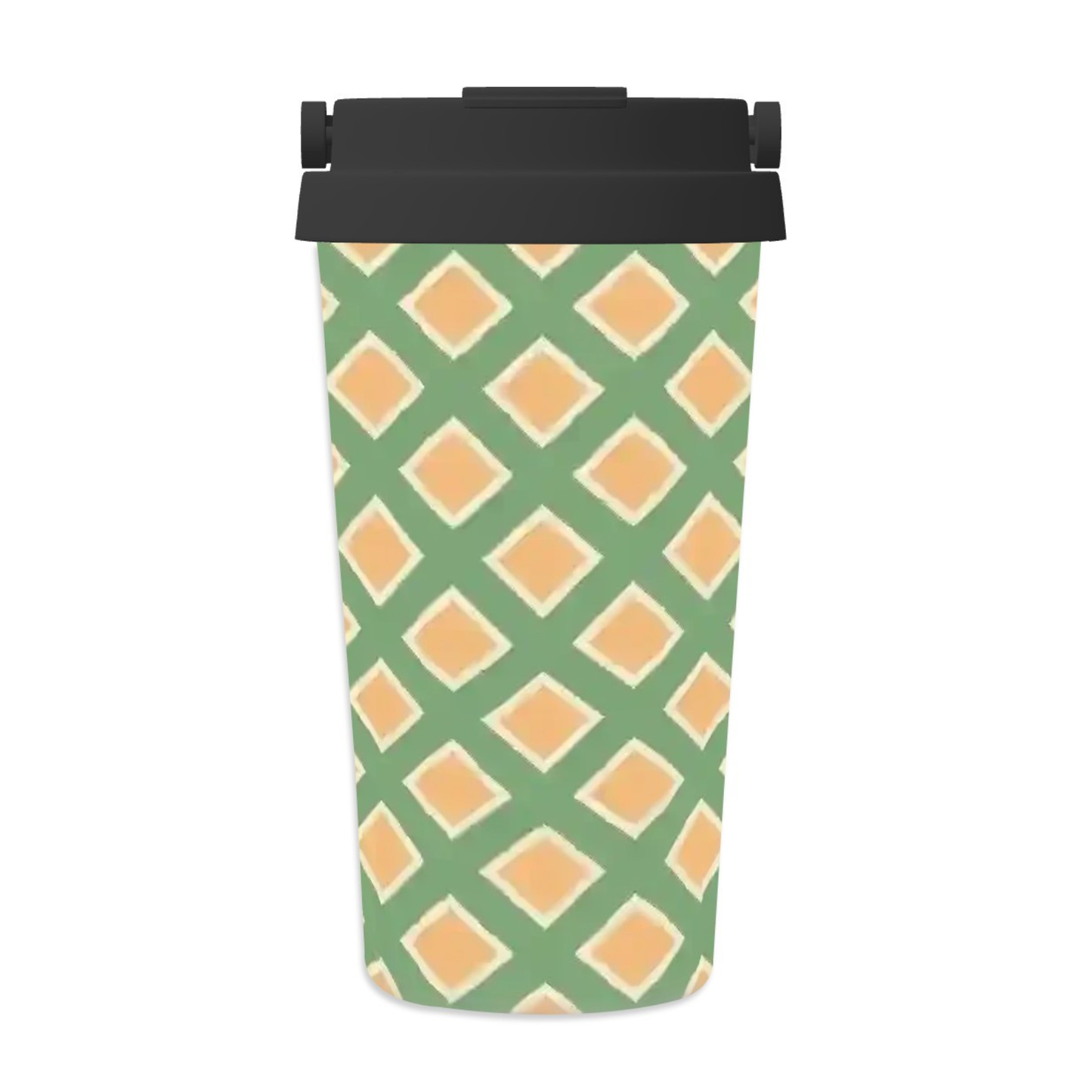 Reusable water bottle with green and orange geometric pattern on a white background