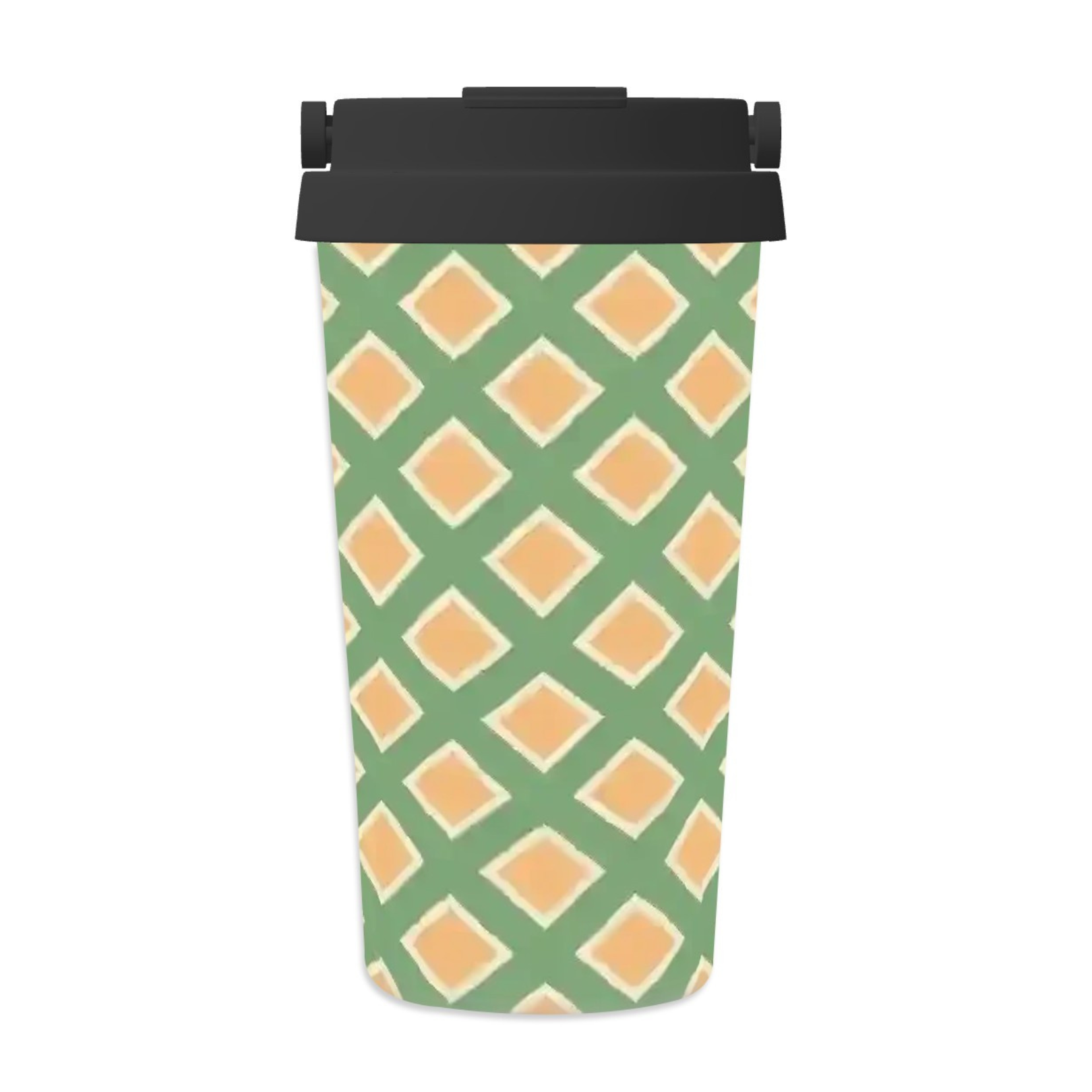 Reusable water bottle with green and orange geometric pattern on a white background
