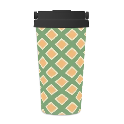 Reusable water bottle with green and orange geometric pattern on a white background