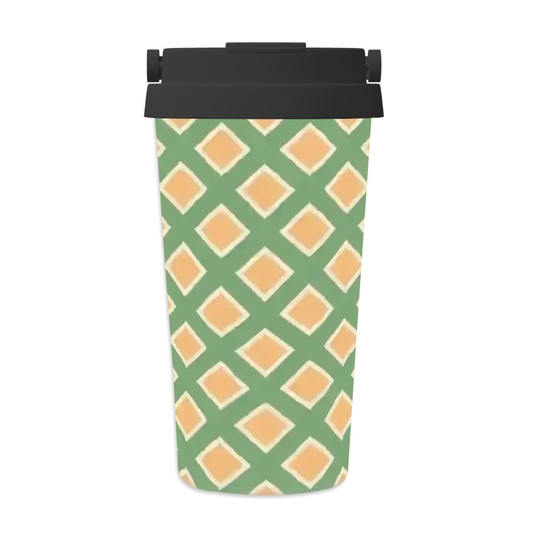 Reusable water bottle with green and orange geometric pattern on a white background