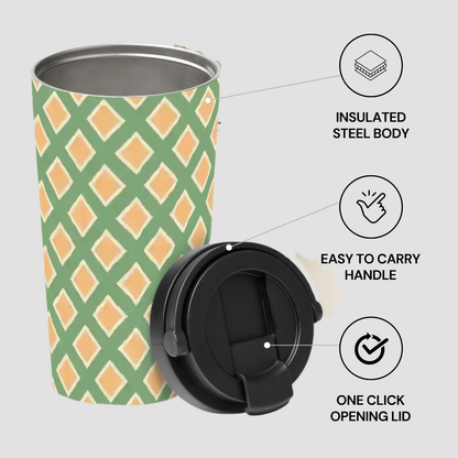 Green and orange patterned insulated steel cup with black lid on a light gray background