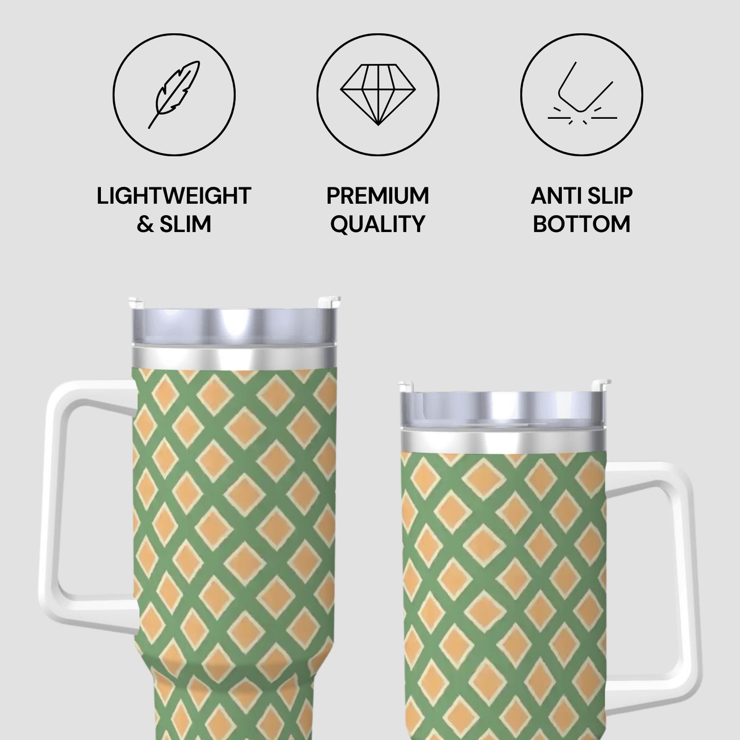 Two green patterned tumblers with metallic lids and handles on a light gray background, featuring icons and text about product features.