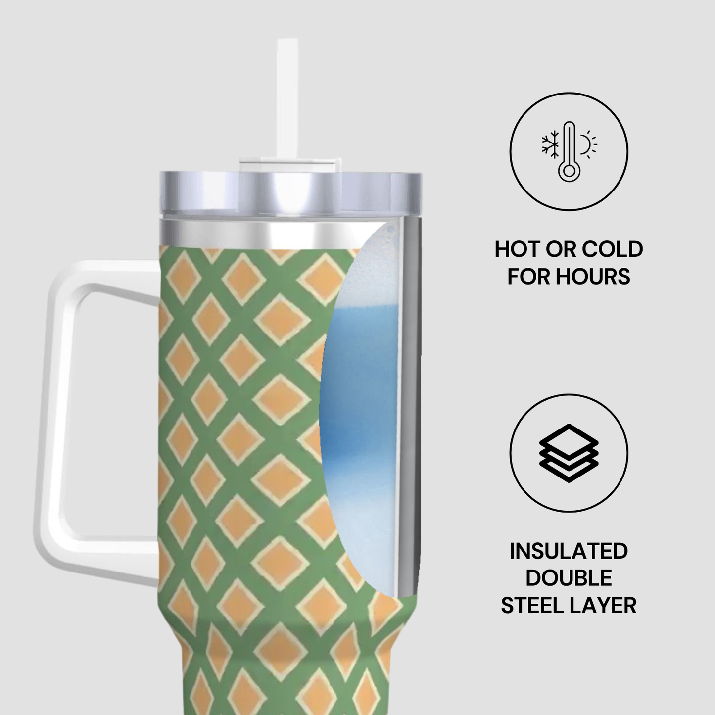 Insulated tumbler with geometric pattern on a white background