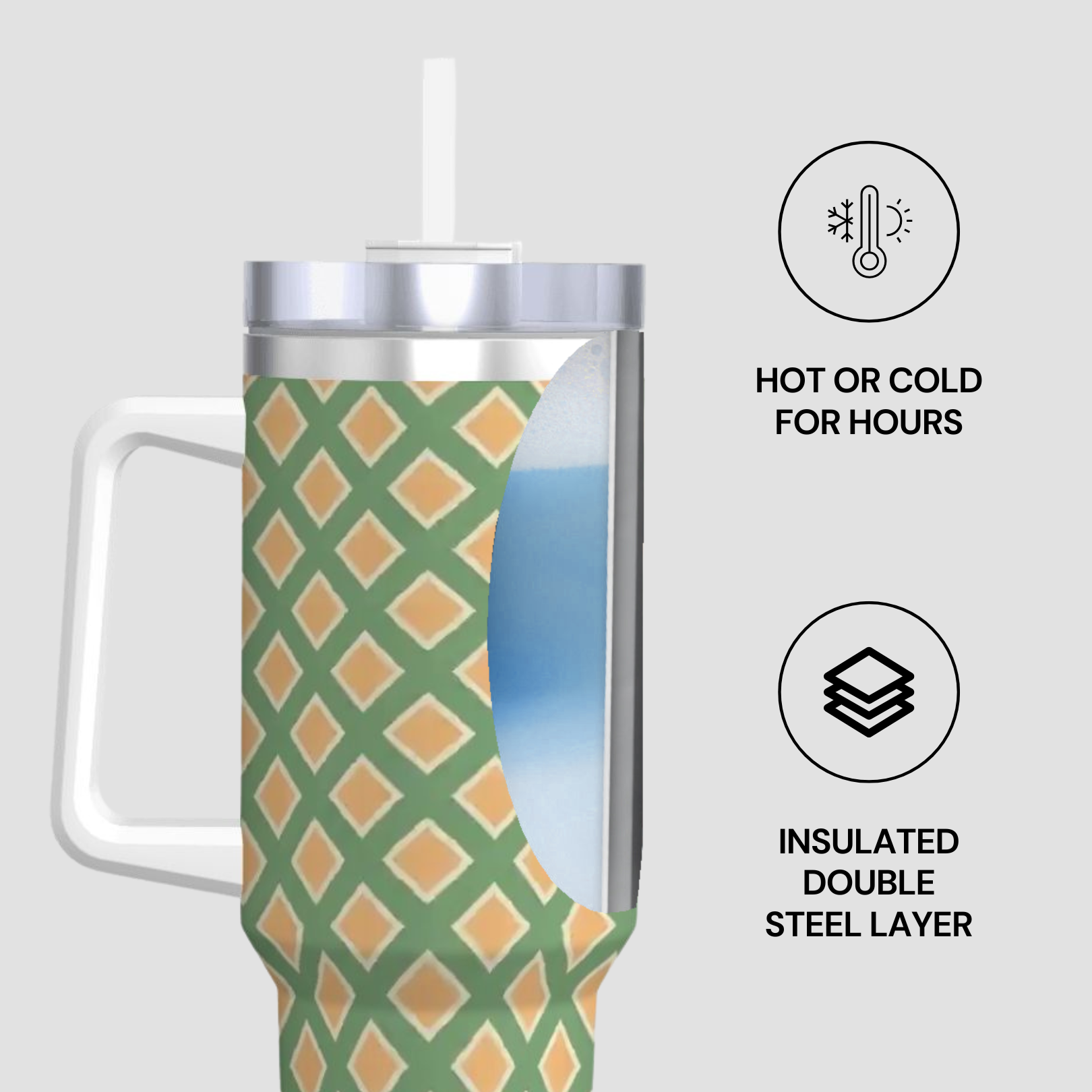 Insulated tumbler with geometric pattern on a white background