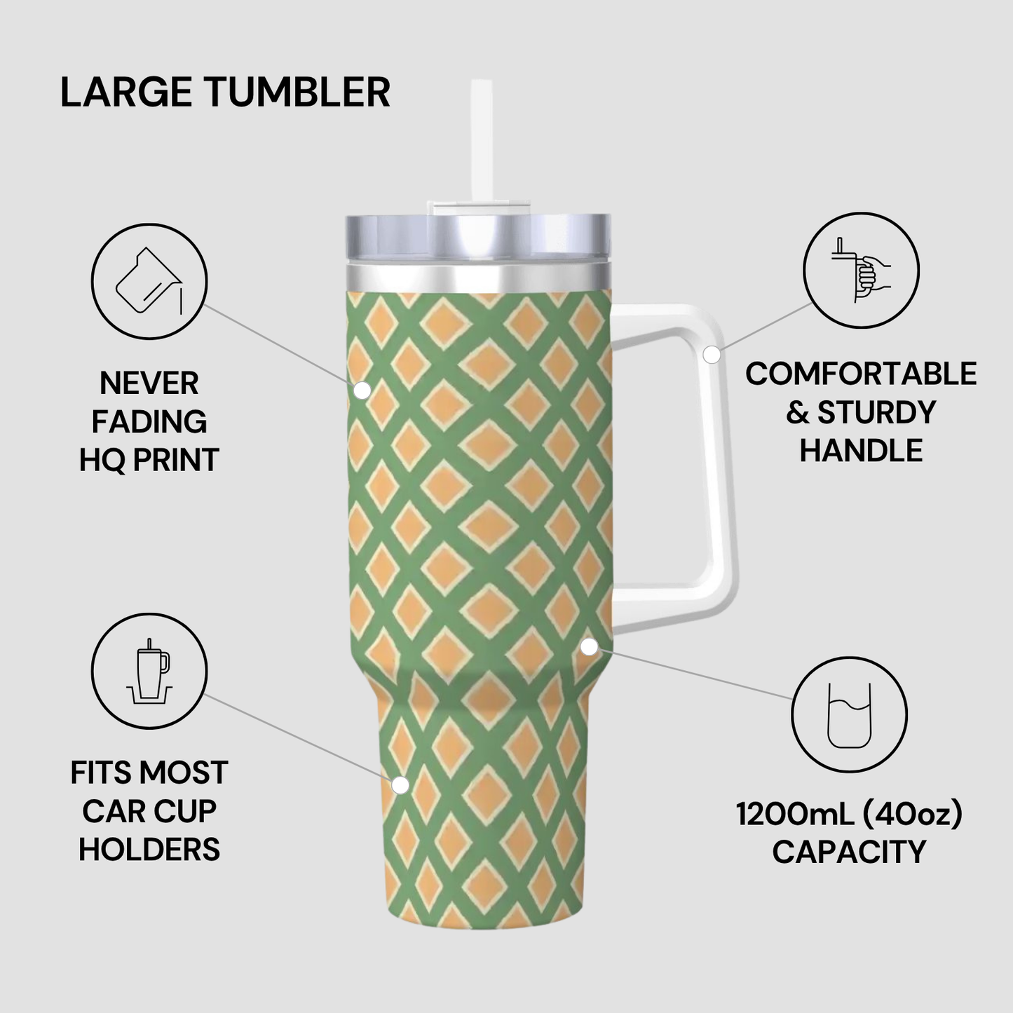 Large tumbler with green and orange pattern on a white background