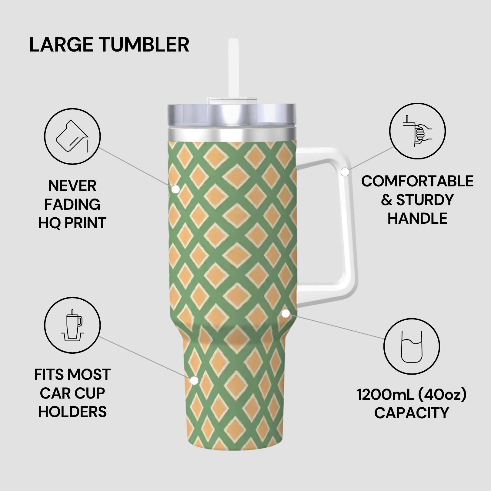 Large tumbler with green and orange pattern on a white background