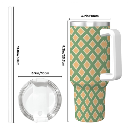 Green and orange patterned tumbler with handle and lid, shown with measurements on a white background.