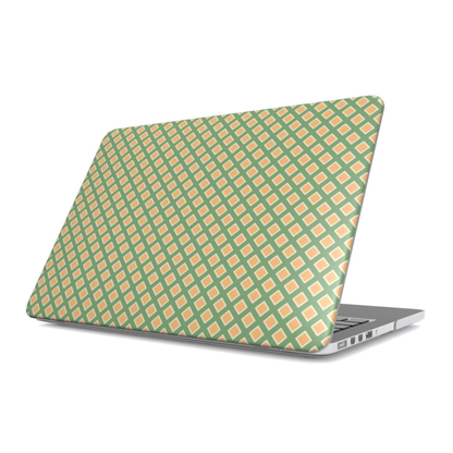 Laptop with a green and orange geometric pattern on a white background