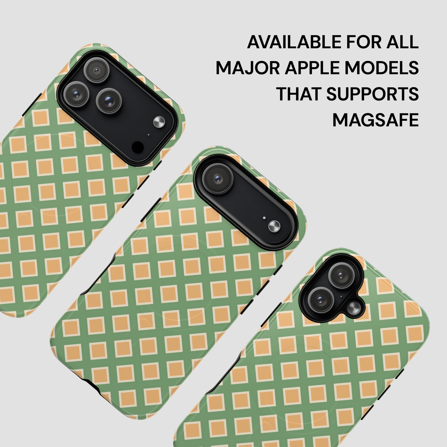 Phone case with green and orange checkered pattern on a light gray background