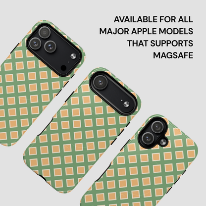 Phone case with green and orange checkered pattern on a light gray background