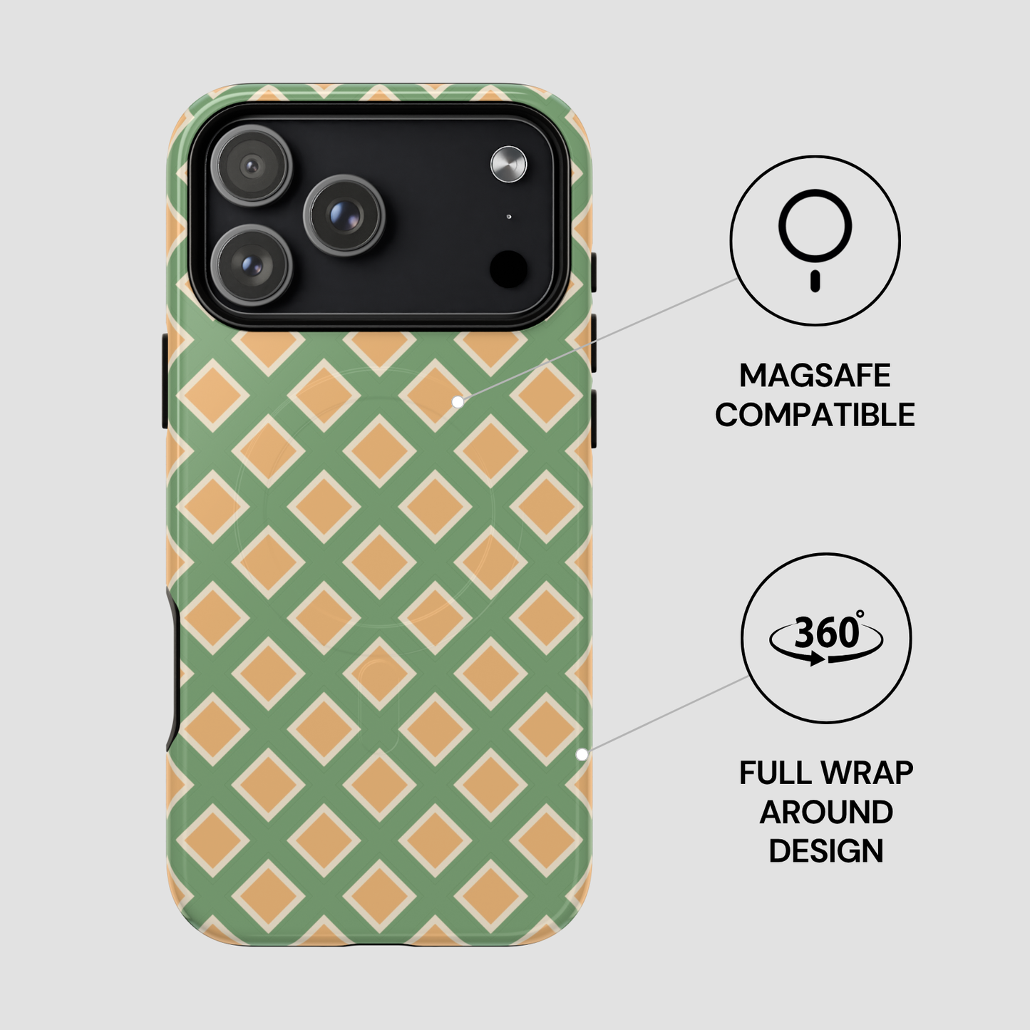 Phone case with green and orange geometric pattern on a light gray background