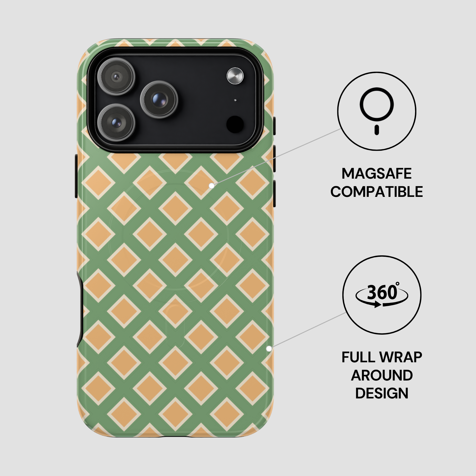 Phone case with green and orange geometric pattern on a light gray background