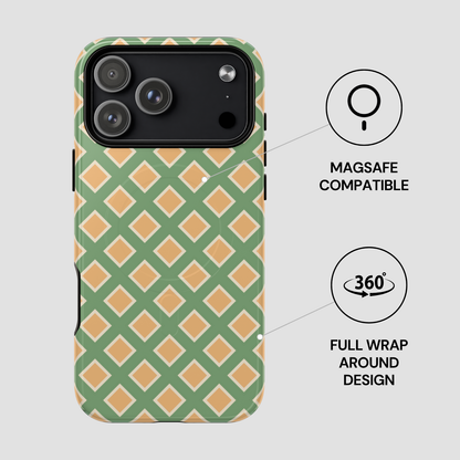 Phone case with green and orange geometric pattern on a light gray background