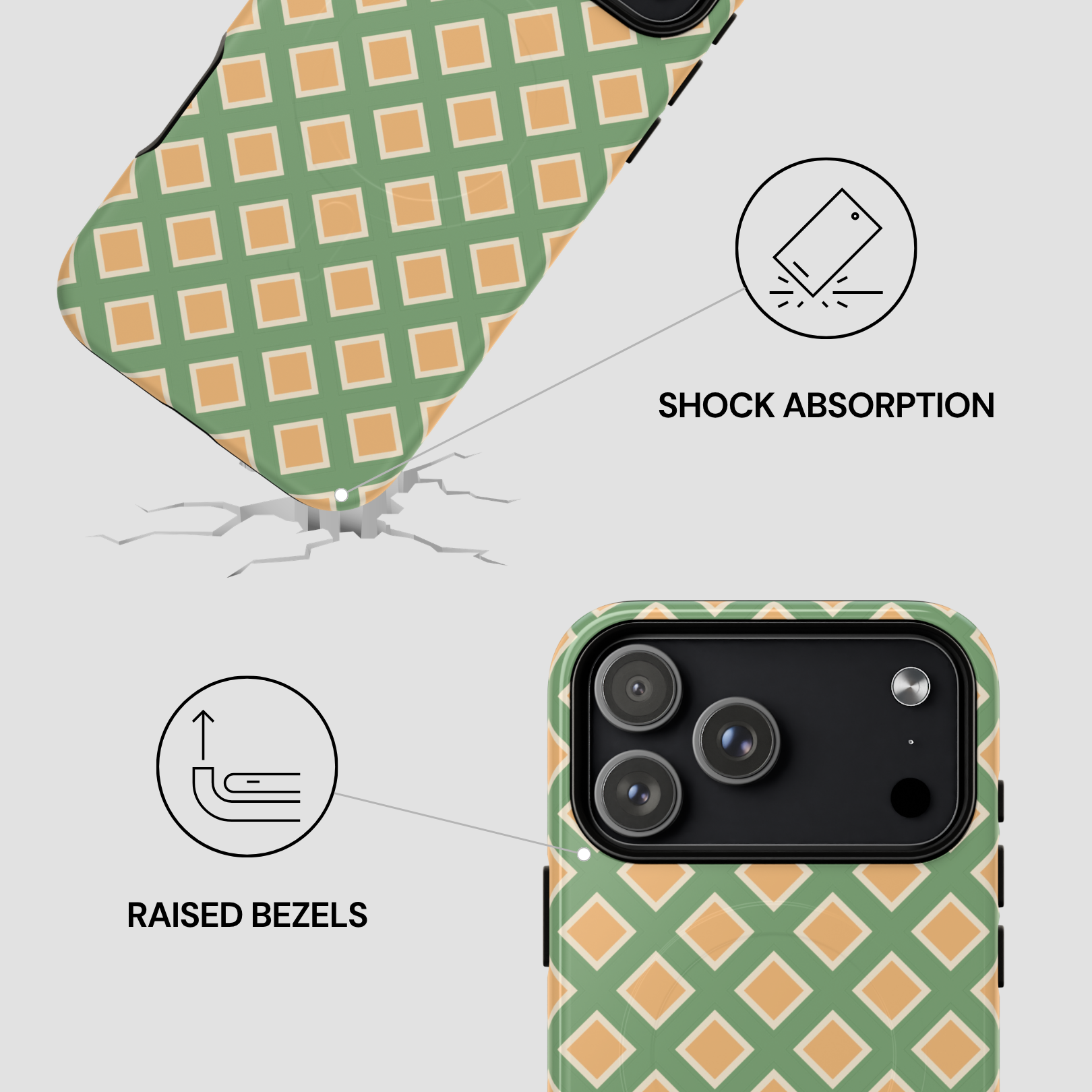 Phone case with green and orange pattern, shock absorption, and raised bezels features on a white background.