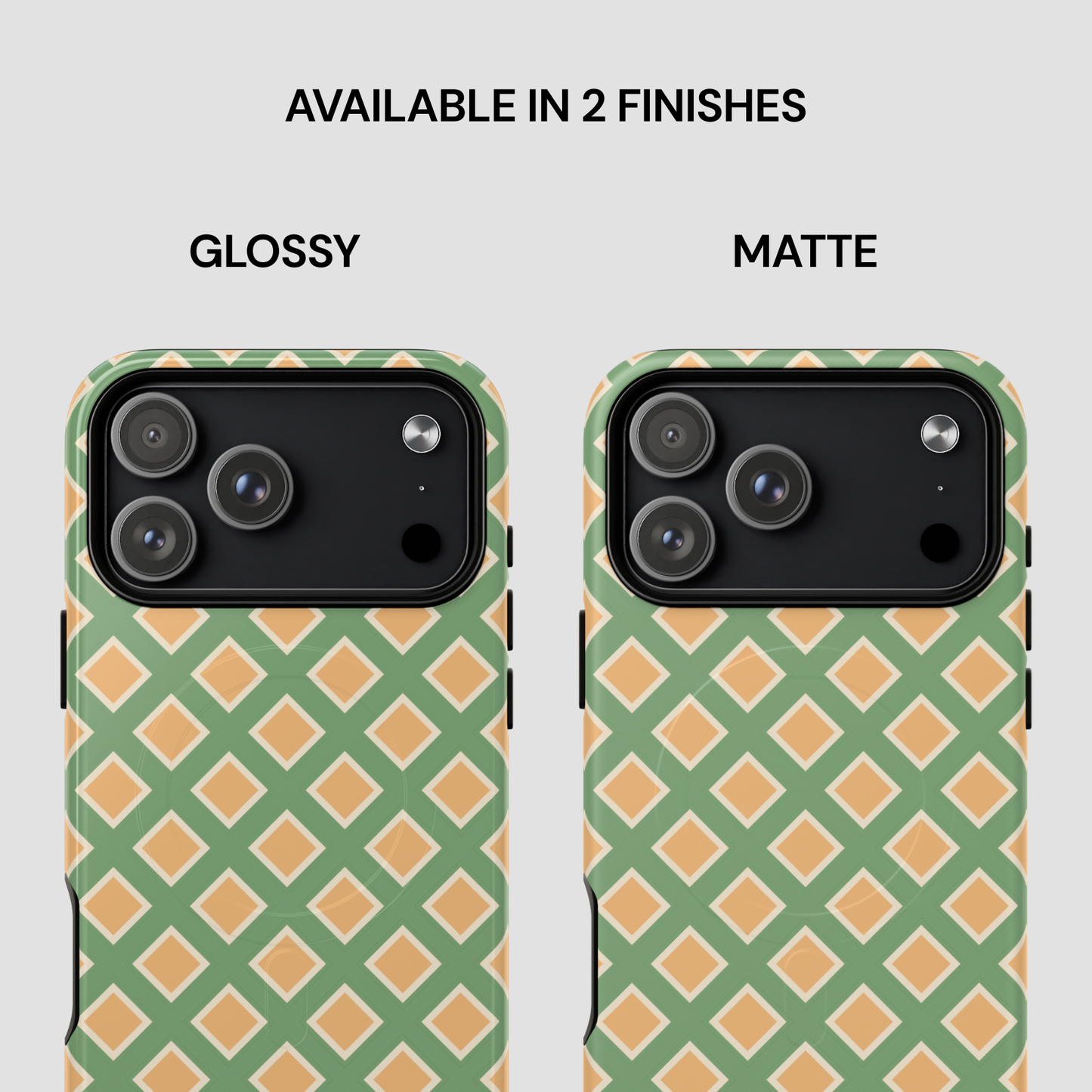 Two phone cases with green and beige geometric pattern, one glossy and one matte, on a light gray background.