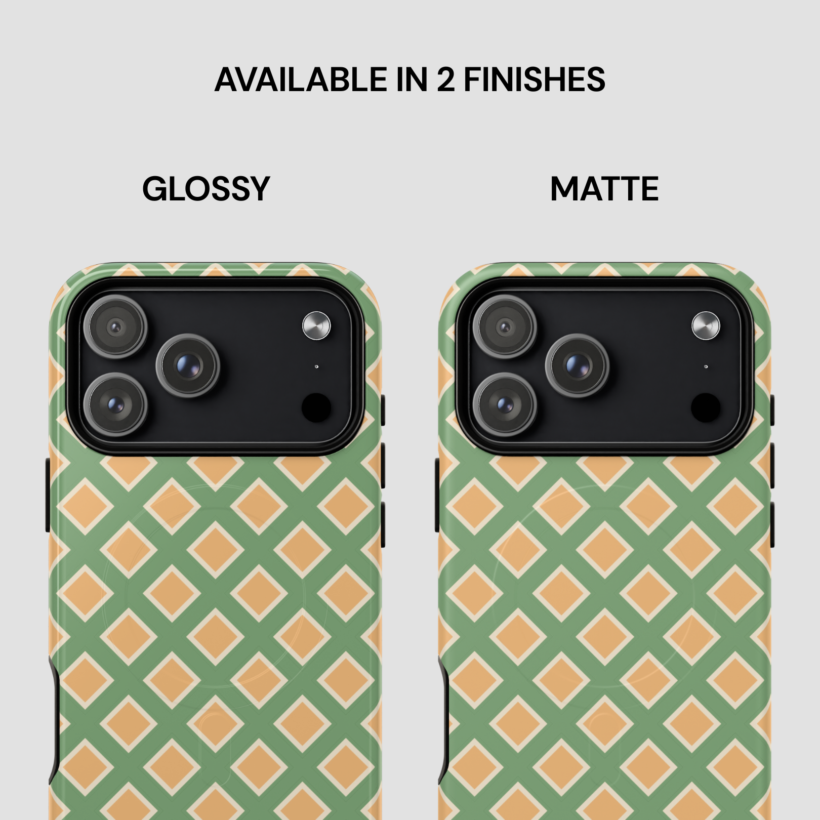 Two phone cases with green and beige geometric pattern, one glossy and one matte, on a light gray background.