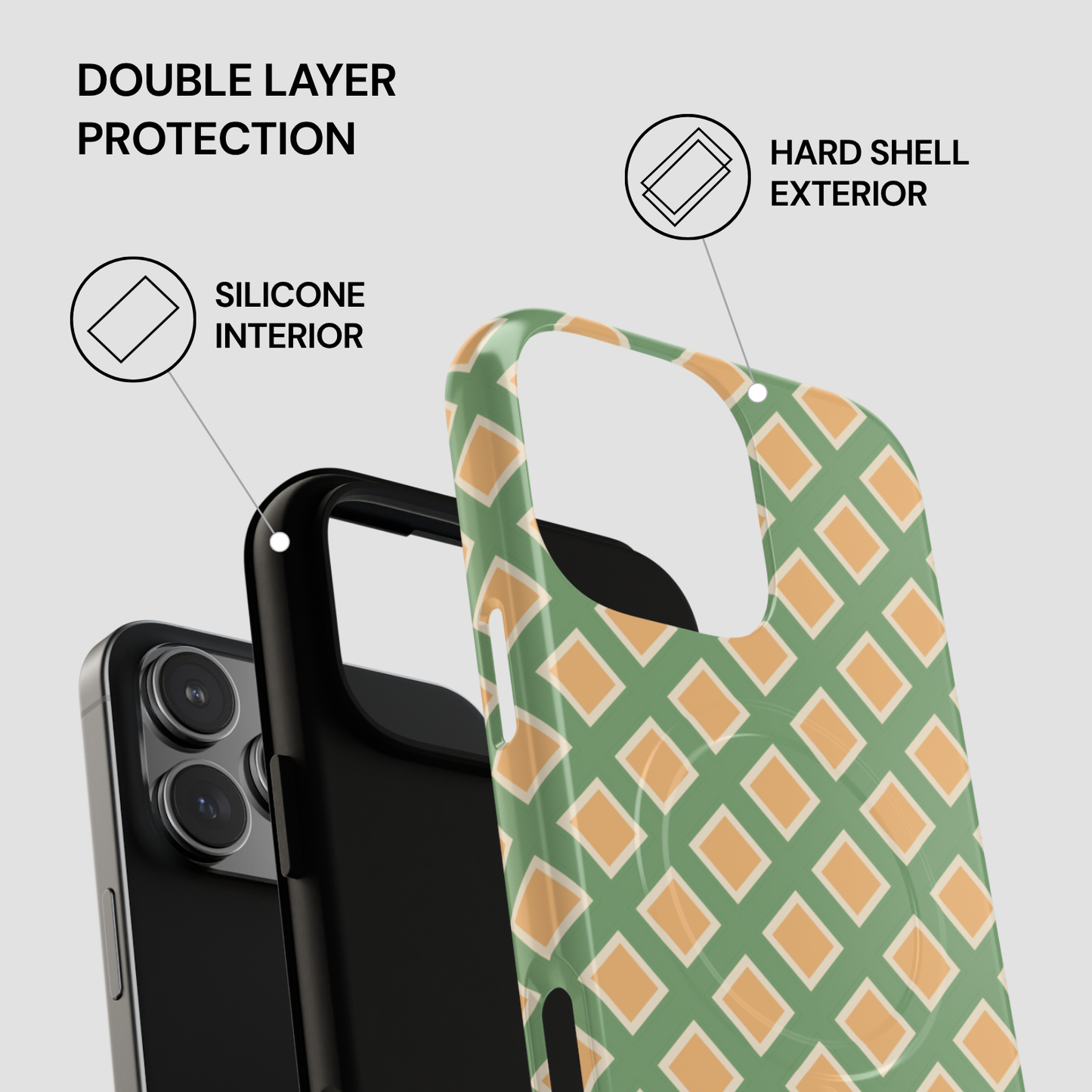 Phone case with green and orange pattern on a gray background