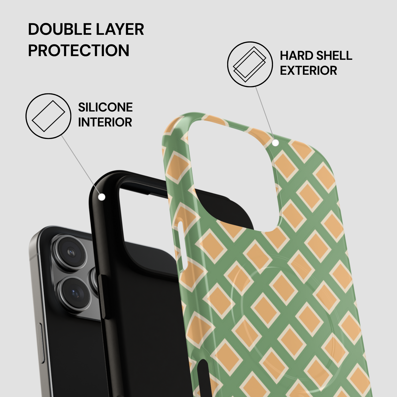 Phone case with green and orange pattern on a gray background